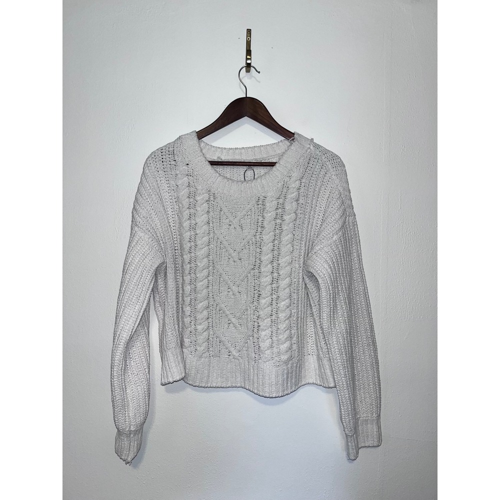 Garage Womens White Cable Knit Chenille Sweater Medium Round Neck Long Sleeve